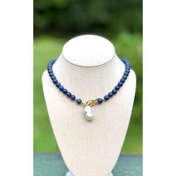 Natural Lapiz Lazuli and Baroque Pearl Statement Neckalce: B - Picture 1 of 4